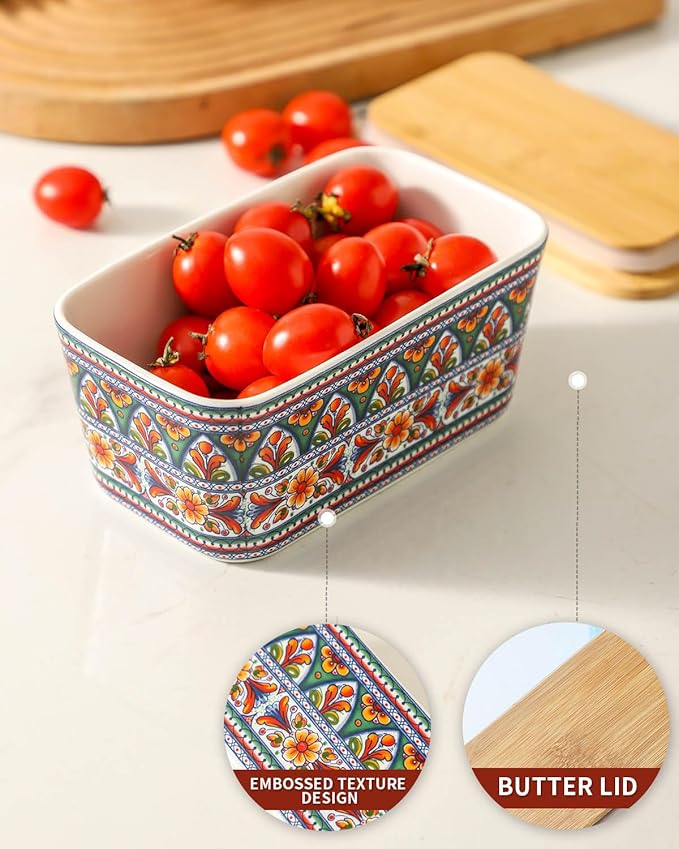 Hasense Bohemian Butter Dish, Farmhouse Ceramic Butter Dish with Lid for Fridge, Butter Container Holder with Cover or Fridge,Silicone Sealing, Holds Two Sticks of Butter, Green