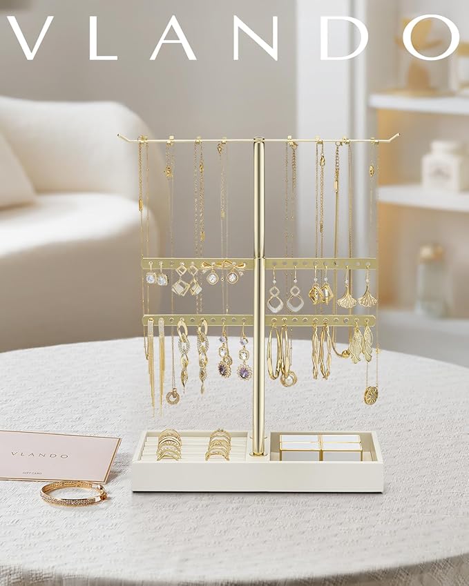 Vlando 2 Tier Jewelry Stand Organizer with Tary, Leather Jewelry Holder Display for Women, Gold Jewlery Holder Stand for Necklace, Earring, Bracelet, Rings - Cloud White