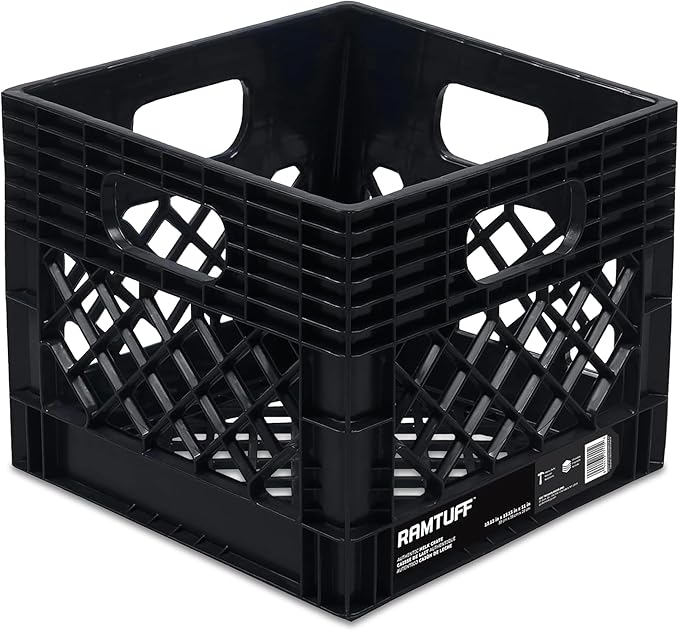 Ramtuff 1 Pack Storage Milk Crate, Durable Plastic Home Organizers, Stackable Box Set with Reinforced Handles, 250 lb Load Capacity, Black