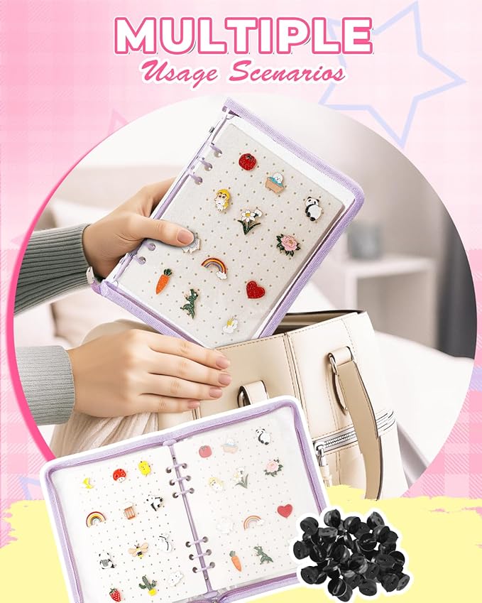 UCEC Enamel Pin Display Book & 50 PCS Pin Backs, A5 Album Pin Collection Binder for Brooch Pins, Purple 6-Page Zippered Pinfolio Trading Organizer, Enamel Pin Storage Display Book, Collectors Album