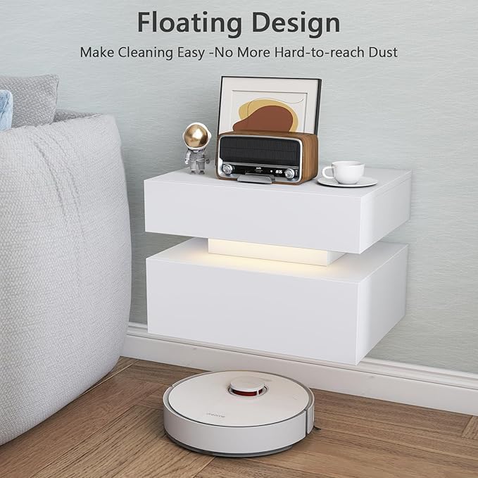 Floating Nightstand Set of 2,Modern Bedside Tables with LED Light for Bedroom,Small Night Stands with Drawers, Wall Mounted End SideTables Set for Living Room