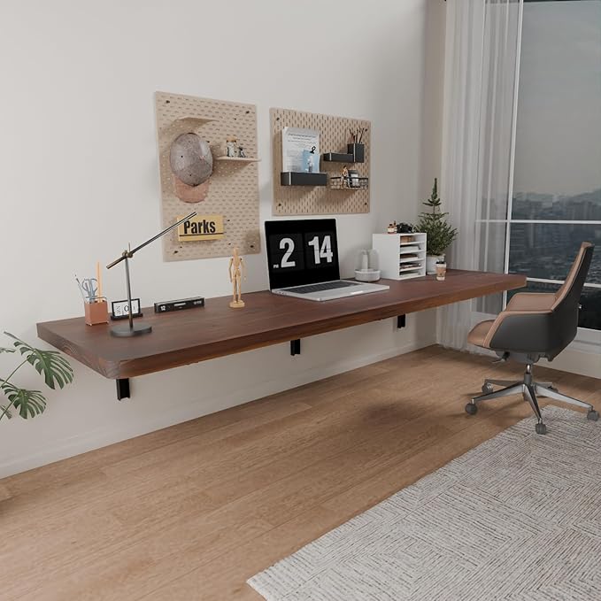 IAE Wall Mounted Folding Table with Pine Wood,55" x 16" Floating Wall Desk,Laundry Folding Table with Shelf Brackets,Fold Down Desk Shelf,Folding Workbench for Home,Dining,Laundry Room,Kitchen,Brown