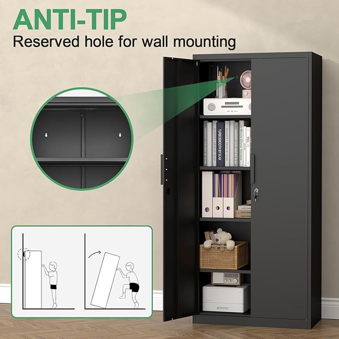 Metal Garage Storage Cabinets, 71" H Black Storage Cabinet for Basement, Heavy Duty Organizer with Adjustable Shelves, Locking Cabinet with 2 Keys, Tall Garage Organizer for Tools