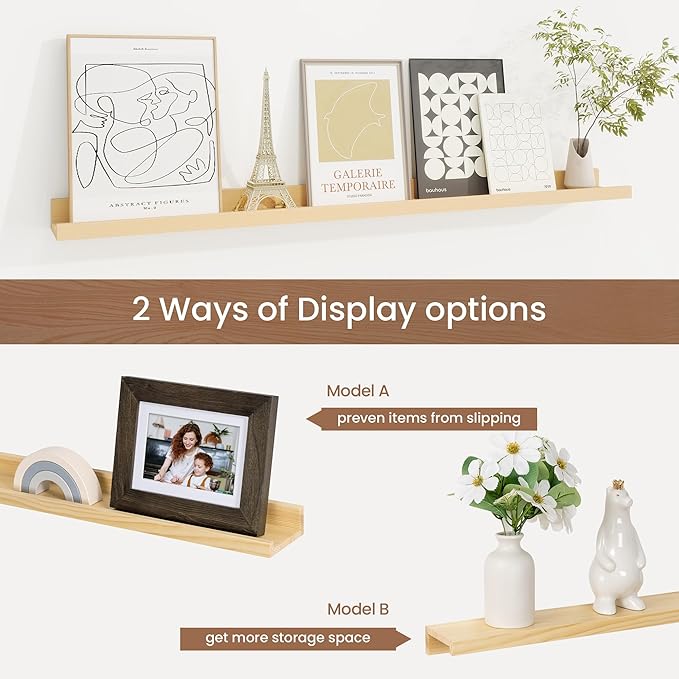 Picture Ledge Shelf, Floating Shelves Set of 2, 36 Inches Solid Wood Nursery Book Shelves for Toys Storage, Kids Bookshelf Wall Mounted for Living Room Decor Books Photo Frames, Unfinished Natural