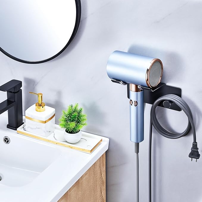 Hair Dryer Holder Wall Mounted, Blow Dryer Holder, Adhesive Hairdryer Holder for Bathroom, Hair Tool Organizer Hair Dryer Hanger, Blowdryer Holder for Wall, Hair Dryer Hook with Cord Storage (Black)