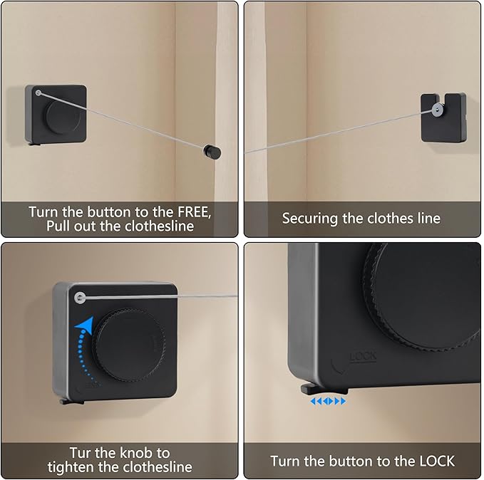 15.7Ft Retractable Clothesline Indoor an Anti-sag Retractable Clothesline Outdoor,Laundry Line Wall Mounted Stainless Steel Wire Laundry, with 12 Clip(Black)