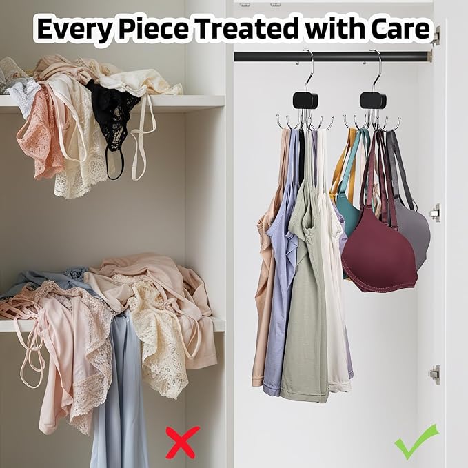3 Pack Tank Top Hangers, 2025 Upgraded Bra Hanger for Closet Organizer & Storage, 360° Rotating & Foldable Design, Wooden Space-Saving Hanger for Tank Tops, Bras and More (Black)