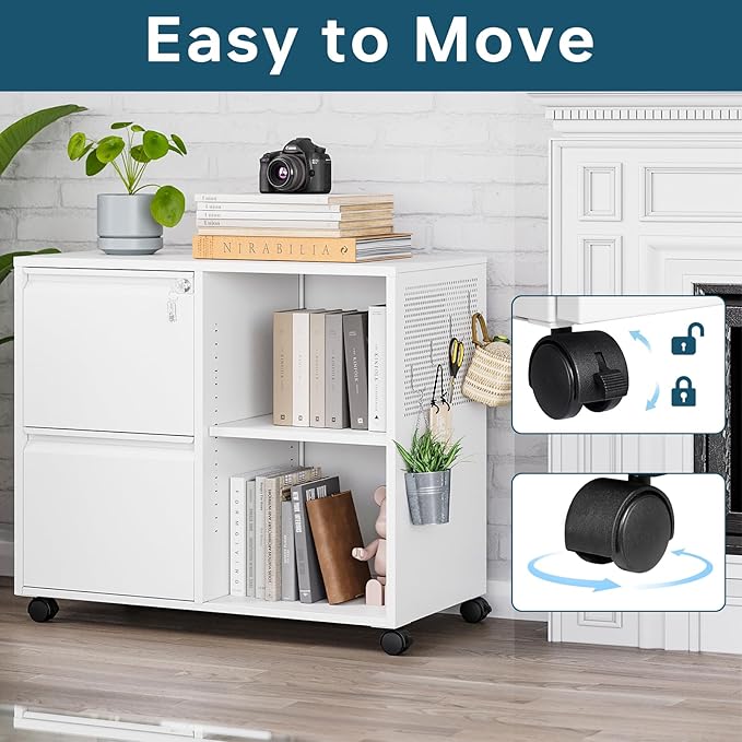MIIIKO 2 Drawer File Cabinet on Wheels, Metal Filing Cabinets with Storage Shelf, Home Office Printer Stands, Mobile File Cabinet with Lock, White Lateral Cabinet Storage A4, Letter Size File Folders