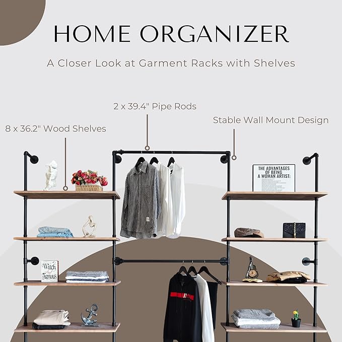 Industrial Pipe Clothing Rack, Wall Mounted Garment Hanging Rack with Shelves, 14.6x112.6x82.7 Inches, Model Y03