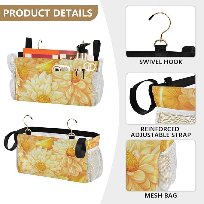 Bright Yellow Chrysanthemum Flowers and Lemon Bedside Caddy for Dorm Bed Bedside Hanging Caddy Bag Iron Frame Storage Organizer Pocket for Bunk Home College Hospital Beds 2 Hooks