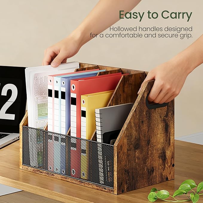 Wooden Desktop File Organizer with Removable Dividers, Mesh Front Panel for Paper, Mail, Magazine, Home Office Desk Storage, Easy Assembly, Rustic Brown MWJ06FG