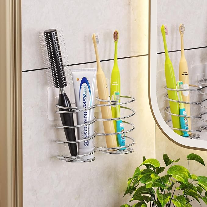 Wall-Mounted Spiral Hair Tool Holder, Adhesive Bathroom Organizer for Toothbrush and Makeup Brushes, Stainless Steel, 8 x 7 cm (1)
