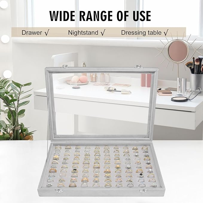 Velvet Ring Display Tray Organizer Box with Transparent Lid, 100 Slot Ring Holder Showcase For Store Display Jewelry Show Home, Ring Organizer For Rings Earrings (Grey)
