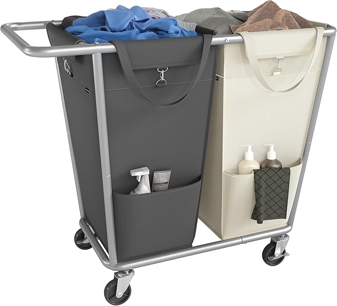 SONGMICS Laundry Basket with Wheels, 2-Section Laundry Sorter, 50.2 Gallons (190 L) Rolling Hamper with Removable Bags, Heavy-Duty Steel Frame, Cream White and Dark Gray URLS009X01
