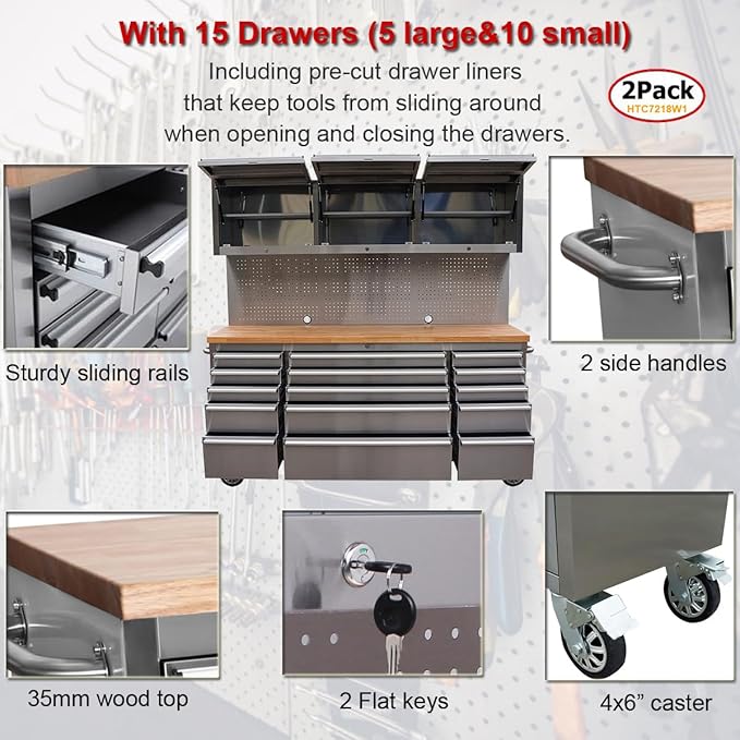 2 Pack - 72" Stainless Steel Rolling Tool Chest with 15 Drawers + 3 Upper Cabinets, Assembled Tool Box, Large Mobile Workbench, Lockable Storage Cabinet with Wheels for Garage Workshop (2 × HTC7218W1)