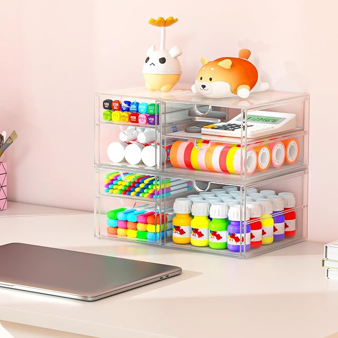 Makeup Organizer Storage With 16 Drawers, 4 Pcs Desktop Office Supplies, Desk Organizers, Clear Accessories, Dustproof Drawer and for Make Up, Jewelry, Pen, Stationary