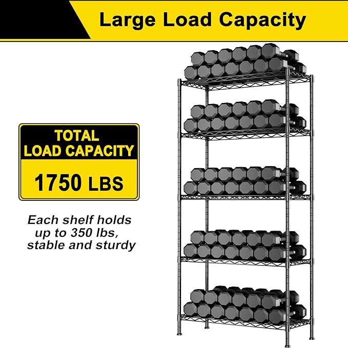 GIOTORENT 5-Wire Garage Shelving Storage Shelves, Kitchen Storage Adjustable Shelf, Metal Shelves 1600Lbs Capacity 36 Lx18 Wx72.2 H for Laundry Bathroom Pantry Closet, Black