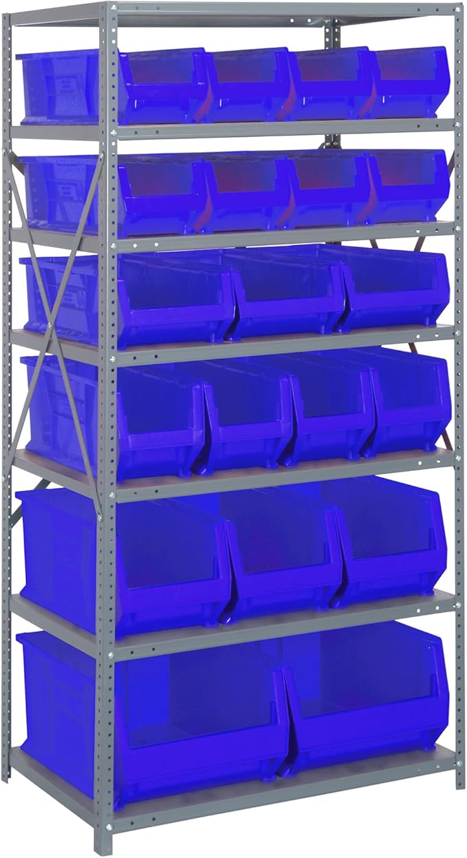 Quantum Storage Systems 2475-20-MIXBL Solid Heavy Duty 7 Shelves 20 HULK Blue Bins 75" H x 36" W x 24" D