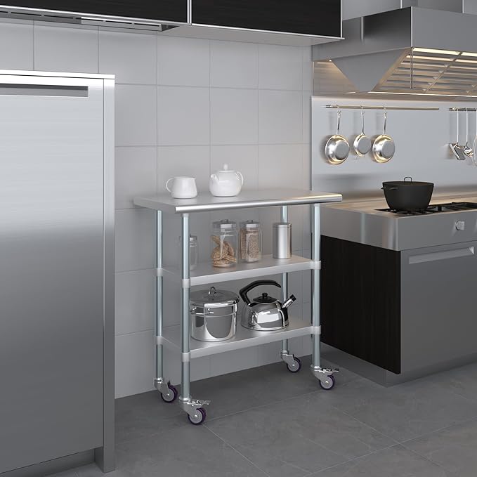 AmGood Stainless Steel Work Table with 2 Shelves and Casters | Metal Utility Table On Wheels (Stainless Steel Work Table with 2 Shelves + Casters, 36" Long x 18" Deep)
