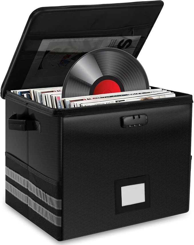 1/4 Pcs Vinyl Record Storage Box with Lid and Handles, Oxford Cloth Record Album Storage Crate, Foldable and Stackable Record Organizer Storage Case for Collecting Valuable Album (1/with Lock)