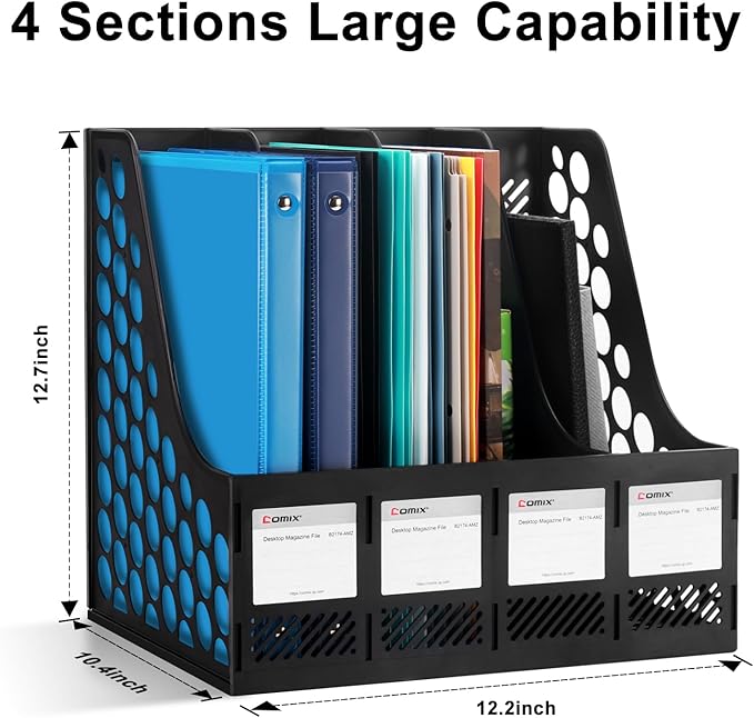 Comix Magazine File Holder Rack/Vertical Desktop File Organizer - Plastic Desk Organizer for Files, Folders, Books - 4 Compartment Binder Organizer - Black