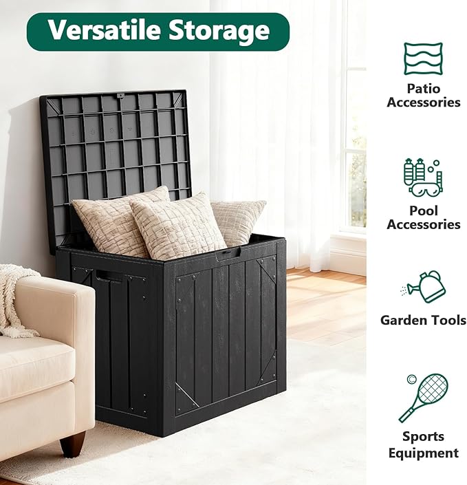 Outdoor Storage Box, 30 Gallon Deck Box Outdoor Storage Bench Outside Waterproof Resin Storage Bench, Lockable Patio Cushions, Garden Tools Storage For Furniture, UV Resistant(Black)