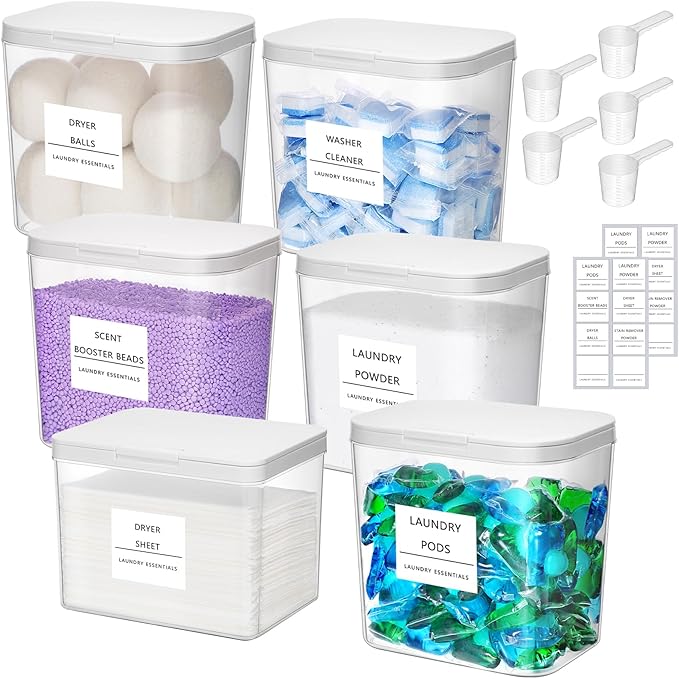 Lifewit 5+1 Laundry Pods Container & Dryer Sheet Holder, Large Powder Detergent Dispenser Storage Jars, Laundry Room Containers for Scent Booster Beads with Pop up Lids, Labels and Scoop