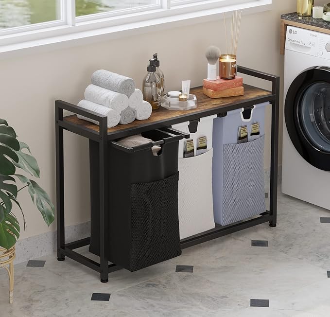 Laundry Basket Three Laundry Hamper with Removable Bags, Fabric Handles, Large Top Shelf and Laundry Bag for Bathroom, Dorm, Laundry Room