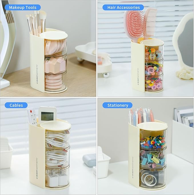 FABROK 3-Layer Clear Hair Accessories Organizer with Hair Brushes Holder, Rotatable Small Jewelry Box for Hair Clip Earring Necklaces, Desktop Organizer Case for Cotton Swab, Hair Accessories(Yellow)