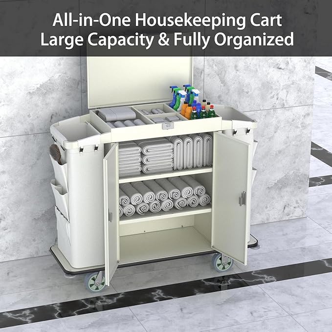 Heavy Duty Metal Housekeeping Janitorial Cart with Wheels,Silent Casters,Locking Large Capacity Cabinets,Cleaning cart for Housekeeping/Commercial Facility/Hotel/Stadium/School