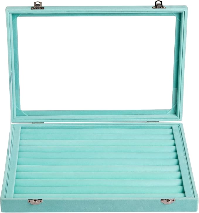Frebeauty Rings/Earrings Organizer Tray with Clear Lid 10 Slots Velvet Drawer Insert Jewelry Storage box Transparent Glass lid Jewelry Display Case Showcase Gift for Girls Women (Turquoise, 10 Slots)