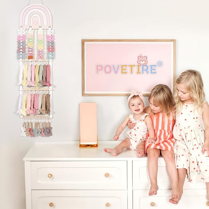 POVETIRE Headband Holder Bow Holder for Girls Hair Bows,Rainbow Hair Accessories Organizer Storage Wall Hanging Display for Nursery Toddler Girls Room (Pink-Rainbow-2)