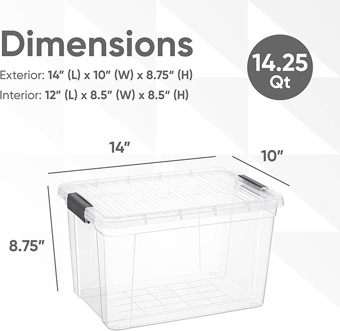 Superio Clear Storage Bins with Lids, 14.7 Quart BPA Free Plastic Containers, Transparent Boxes for Organizing, Stackable Crates, Organizer Totes for Home, Office, School, and Dorm