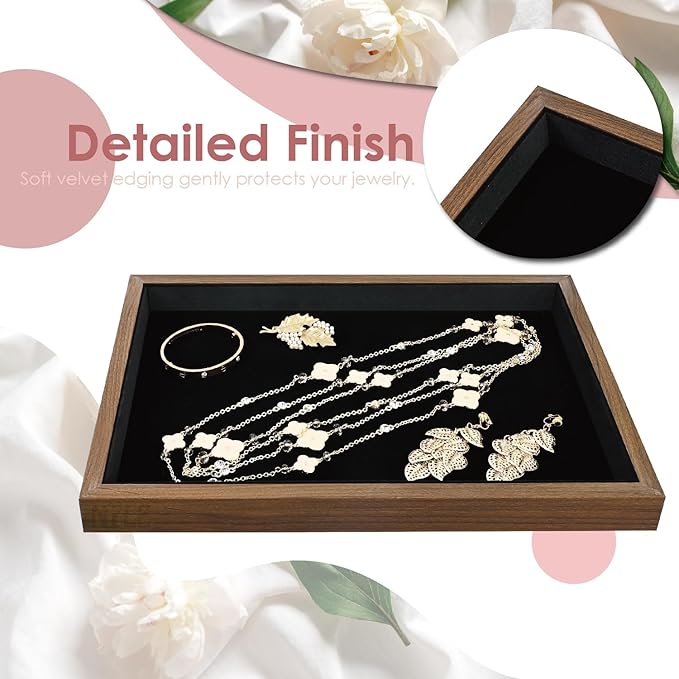 MOOCA 2 Pcs Wooden Jewelry Display Tray, Presentation Tray, Organizer for Rings, Necklaces, Earrings, and Accessories, Walnut Color with Black Suede, 14" W x 9.6" D x 1.2" H