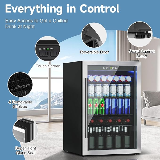 4.5 Cu.ft Beverage Refrigerator Cooler, 145 Can Mini Fridge with Glass Reversible Door, Digital Temperature Display for Soda, Beer or Wine For Office or Bar with Adjustable Removable Shelves