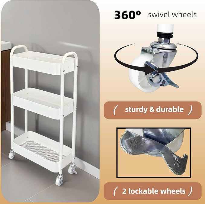 3 Tier Narrow Rolling Storage Cart for Laundry Room Bathroom Kitchen, 7.1'' Slim Utility Cart with Wheels and Lockable Casters Standing Shelf for Small Space & Between Washer and Dryer, White