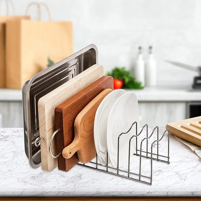 Pot Lid Organizer, Kitchen Pot Lid Rack Holder, Rest Cutting Board, Baking Sheet, Pots & Pans, Serving Trays, Stainless Steel (Silver, 2)