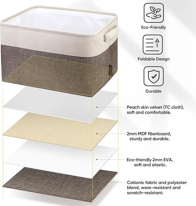 BALEINE 4 Pack Fabric Storage Bins for Shelves, Linen Storage Baskets for Organizing, Decorative Closet Bins for Clothes, Home (Brown, 15"x11"x9.5")
