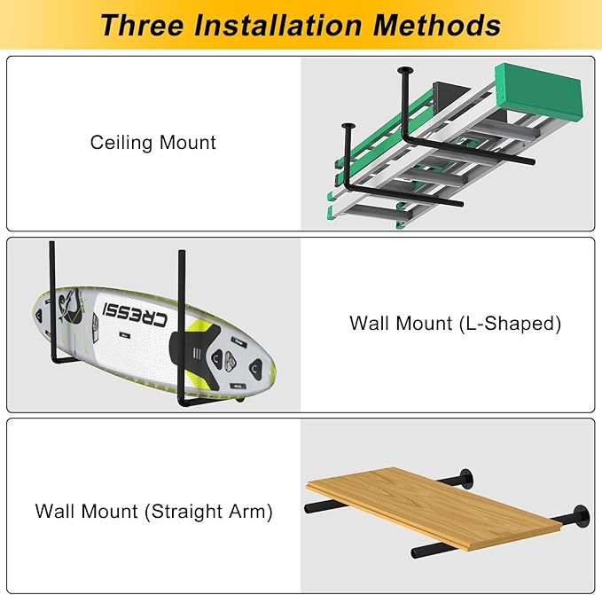 Surfboard Wall Mount or Ceiling Rack, Heavy-Duty Overhead Garage Storage Rack with Sponge Pads, Garage Ceiling Storage Racks for Ladder, Surfboard, Snowboard, Paddle Boards, Holds 100 lbs, Black