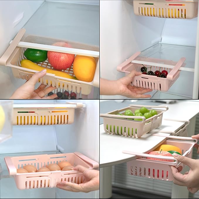 Refrigerator Drawer Organizer 2 Packs Retractable Drawer Refrigerator Storage Box, Unique Design Pull Out Storage Box, Sliding Shelves Refrigerators Hanging Organizer(Pink Khaki)