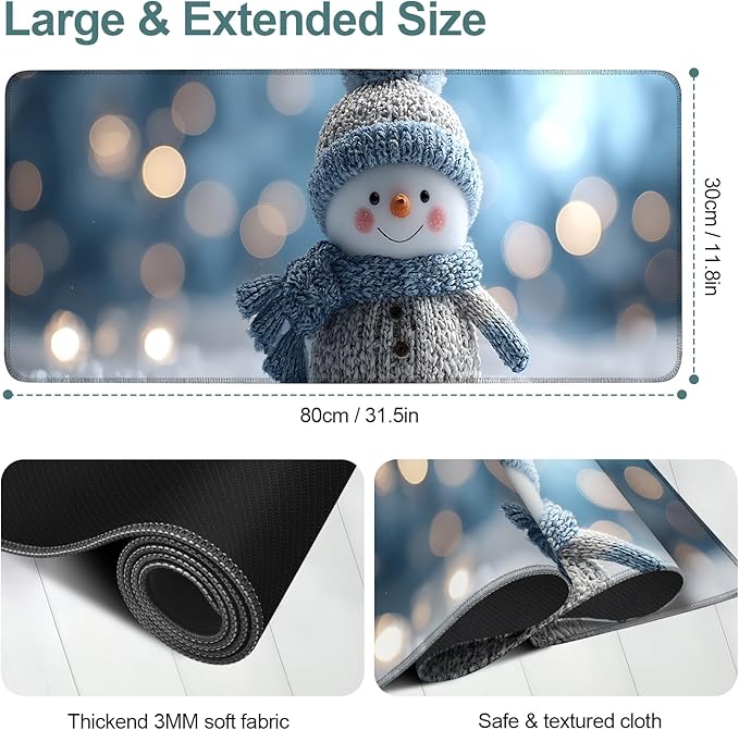Christmas Snowman Gaming Mouse Pad 31.5"x11.8"Desk Mat Anti-Slip Rubber Base & Durable Stitched Edges for Gamers Smooth Mouse Writing Surface for Desk Office/Home