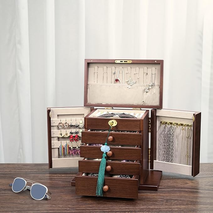 wooden Jewelry Box and Organizer - 8-Layer Lockable Wooden Jewelry Boxes for Women - Large Jewelry Boxes and Organizer with Key,Gift for Wife,dresser top jewelry box with lock