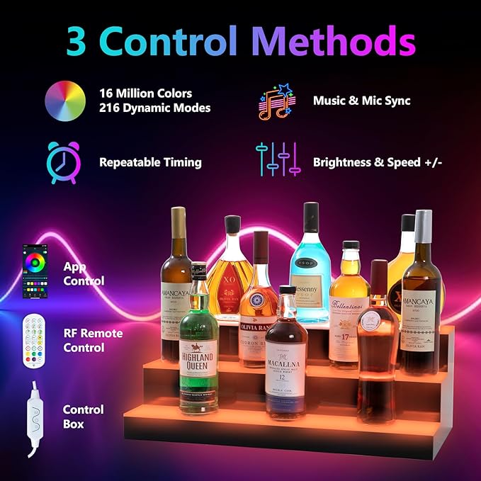 Led Lighted Liquor Bottle Display Shelf, 24 Inch 3 Tier Whiskey Rack, Support USB, Bar Stand with RF Remote & App Control, Illuminated Acrylic Lighting Shelves for 21 Bottles, Home Bar, Party