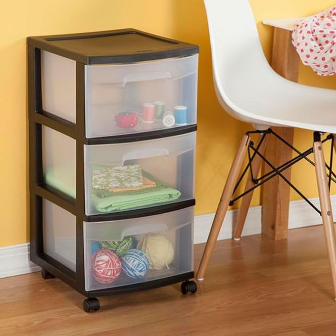 Sterilite 4-Pack 3-Drawer Rolling Plastic Storage Cart, Black Frame and Clear Drawers – Home, Office, or Dorm Portable Organizer with Removable Wheels