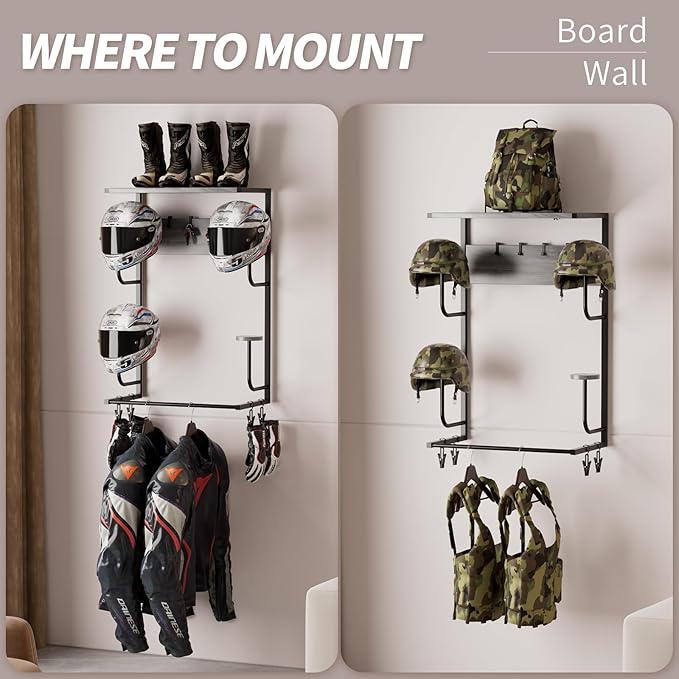 Motorcycle Helmet Holder Wall Mounted, Helmet Holder Wall Mount with Helmet Rack, 4 Glove Chips and 4 hooks, Rustic Helmet Holder and Motorcycle Helmet Rack for Most of Helmet and Clothes (Grey)