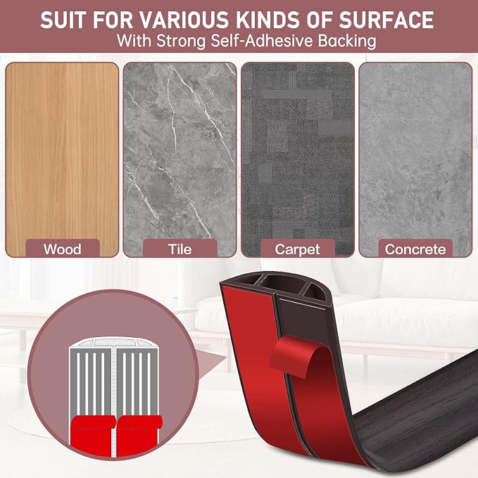 Floor Cord Cover Self Adhesive Cord Hider Floor Extension Cord Covers for Floor Power Cord Protector Cable Management Prevent Cable Trips Cable Cavity 0.47" W x 0.27" H (Dark Walnut, 3.3Ft)