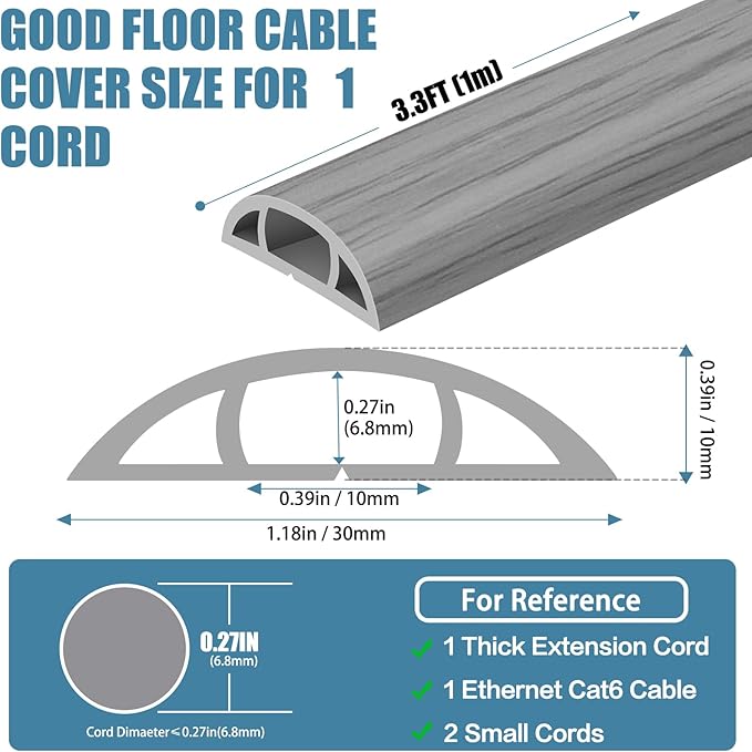 Floor Cord Covers for Wires 3.3FT Cable Hider Wire Cover Self Adhesive Cord Hider Floor for Offices, Homes, Workshops, Warehouses Cable Cavity 0.39" W x 0.27" H