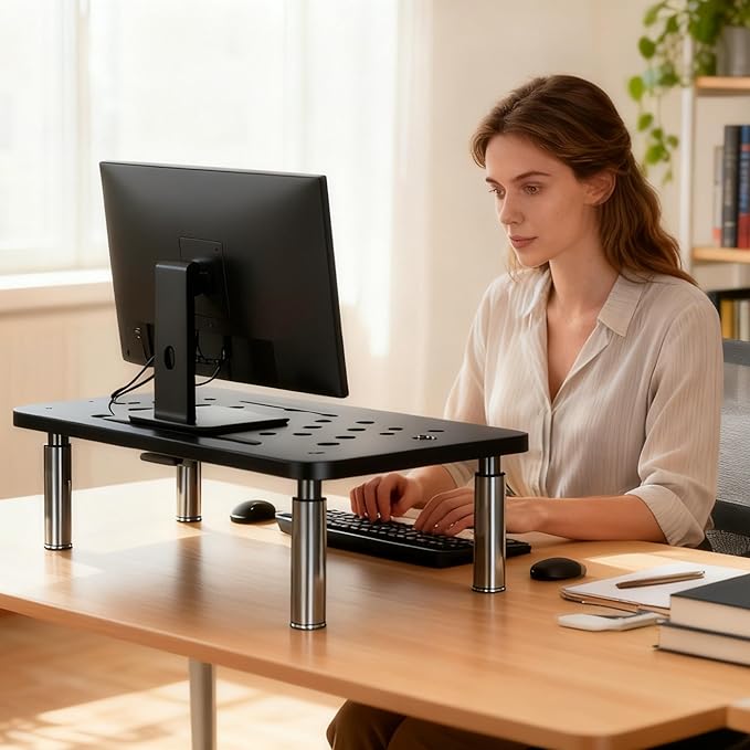 Monitor Stand Riser with Drawer - Adjustable Height (10.5-14.5cm) 3 Gears, Carbon Steel Desk Organizer for Computer/Laptop, Ventilated, Multi-Layer Storage for Office Home (Black)