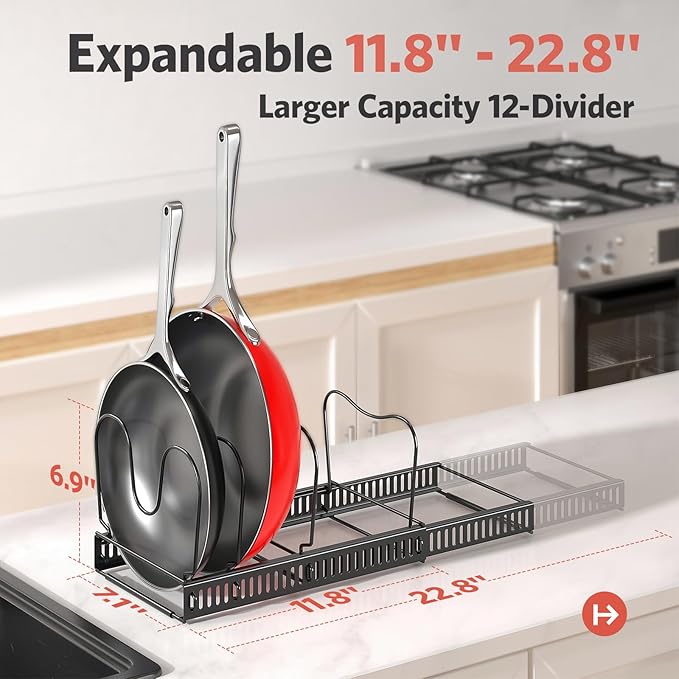 ORDORA Pots and Pans Organizer under Cabinet with Pan Holder: Expandable 11.8"-22.8" Kitchen Cabinet Organizer Rack, 12 Adjustable Dividers Storage for Cookie Sheets, Cutting Boards & Lid Cookware