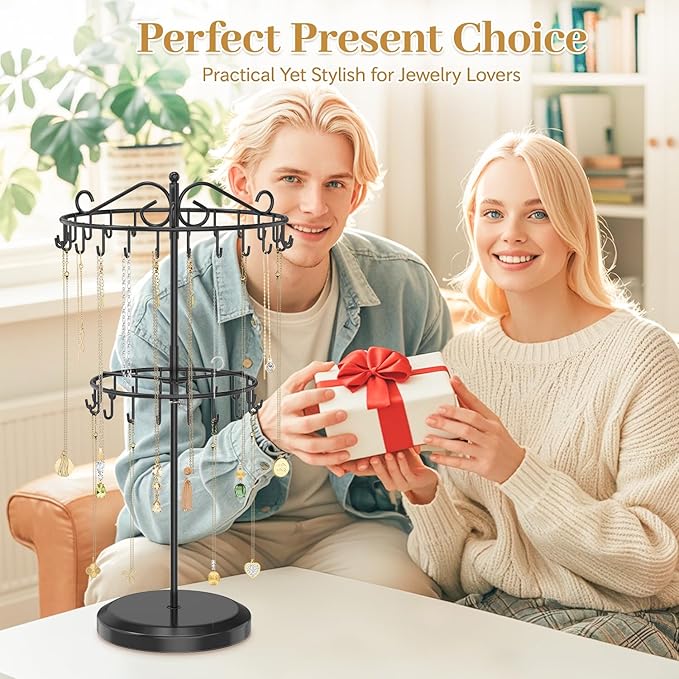 MODOWEY Rotating Necklace Holder Organizer Display Stand with 42 Hooks, 2 Tier Adjustable Metal Tree for Long Necklace Hanger Selling, Tall Spinning Bracelet Storage Rack for Men Women, Black